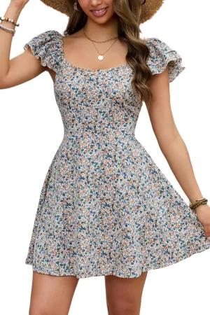 Dress for Women Summer Floral Beach Dress, Square Neck Sleeveless Sundress with Ruffle Straps Bow Tie Back