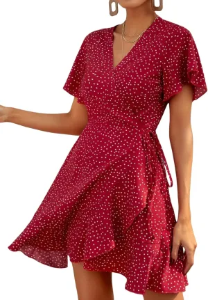 Dresses for Women Floral Mini V Neck Wrap Dress, Spring Sundress with Ruffle Hem, Wedding Guest Elegant Tea Party