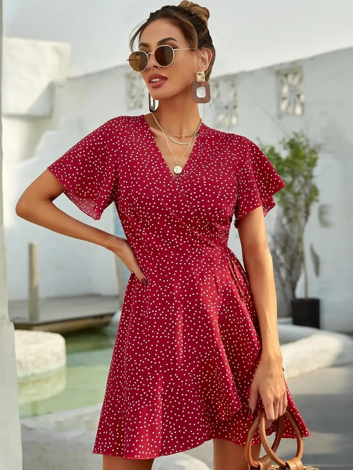 Dresses for Women Floral Mini V Neck Wrap Dress, Spring Sundress with Ruffle Hem, Wedding Guest Elegant Tea Party
