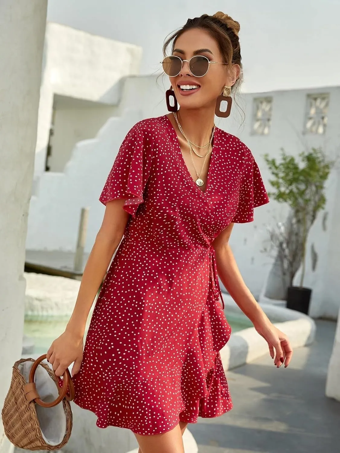 Dresses for Women Floral Mini V Neck Wrap Dress, Spring Sundress with Ruffle Hem, Wedding Guest Elegant Tea Party