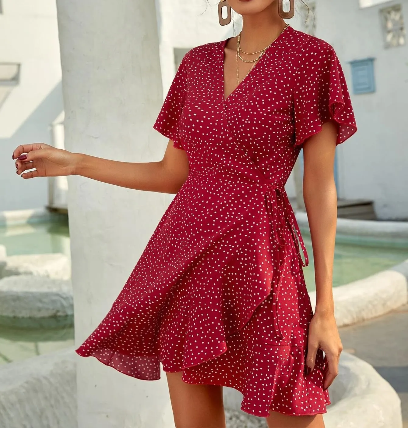 Dresses for Women Floral Mini V Neck Wrap Dress, Spring Sundress with Ruffle Hem, Wedding Guest Elegant Tea Party