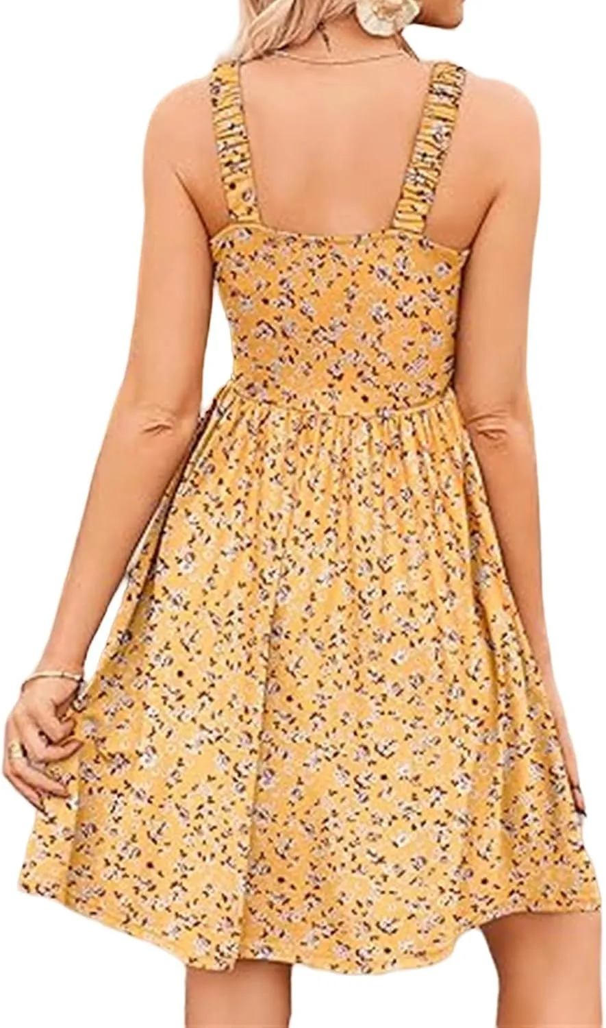 Dresses for Women Summer Floral Boho Beach Dress Elastic Waist Ruffle Mini Dresses Cute Sleeveless Square Neck Dress