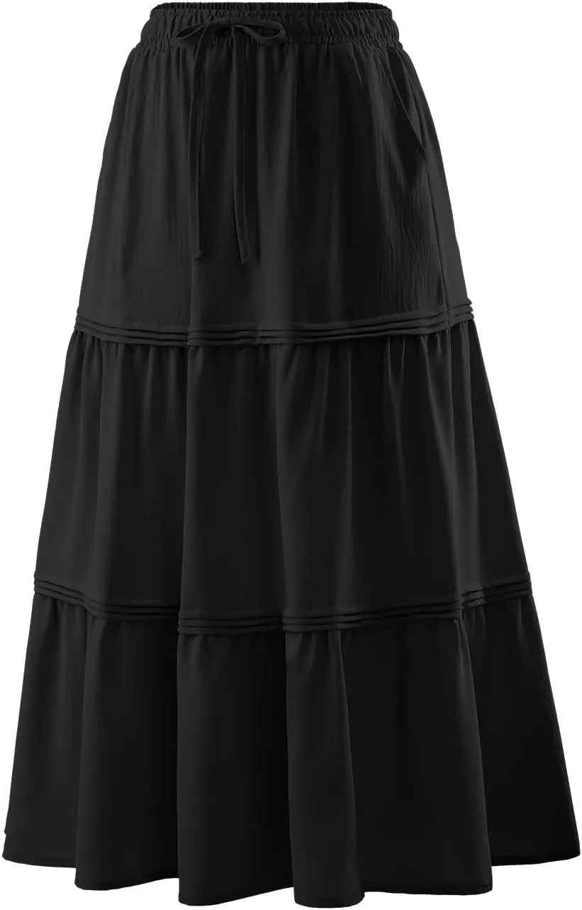 DRESSTELLS Women's Midi Skirts with Pockets Elastic High Waist Flowy Swing A Line Casual Long Skirt