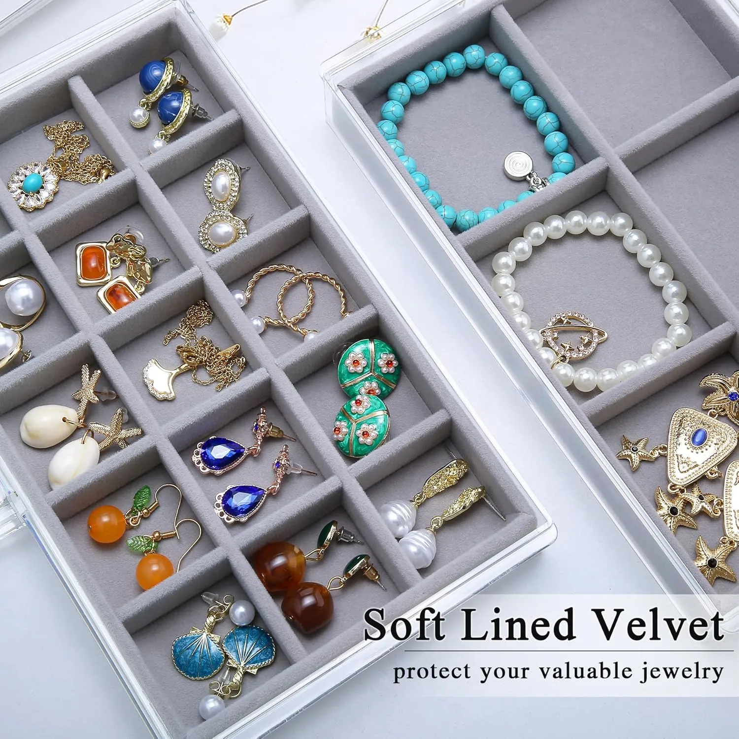 Earring Holder Organizer Box with 5 Drawers, Clear Acrylic Jewelry Organizer for Women Girls, Jewelry Storage with Stackable Jewelry Trays for Earring Ring Bracelet Necklace, Grey