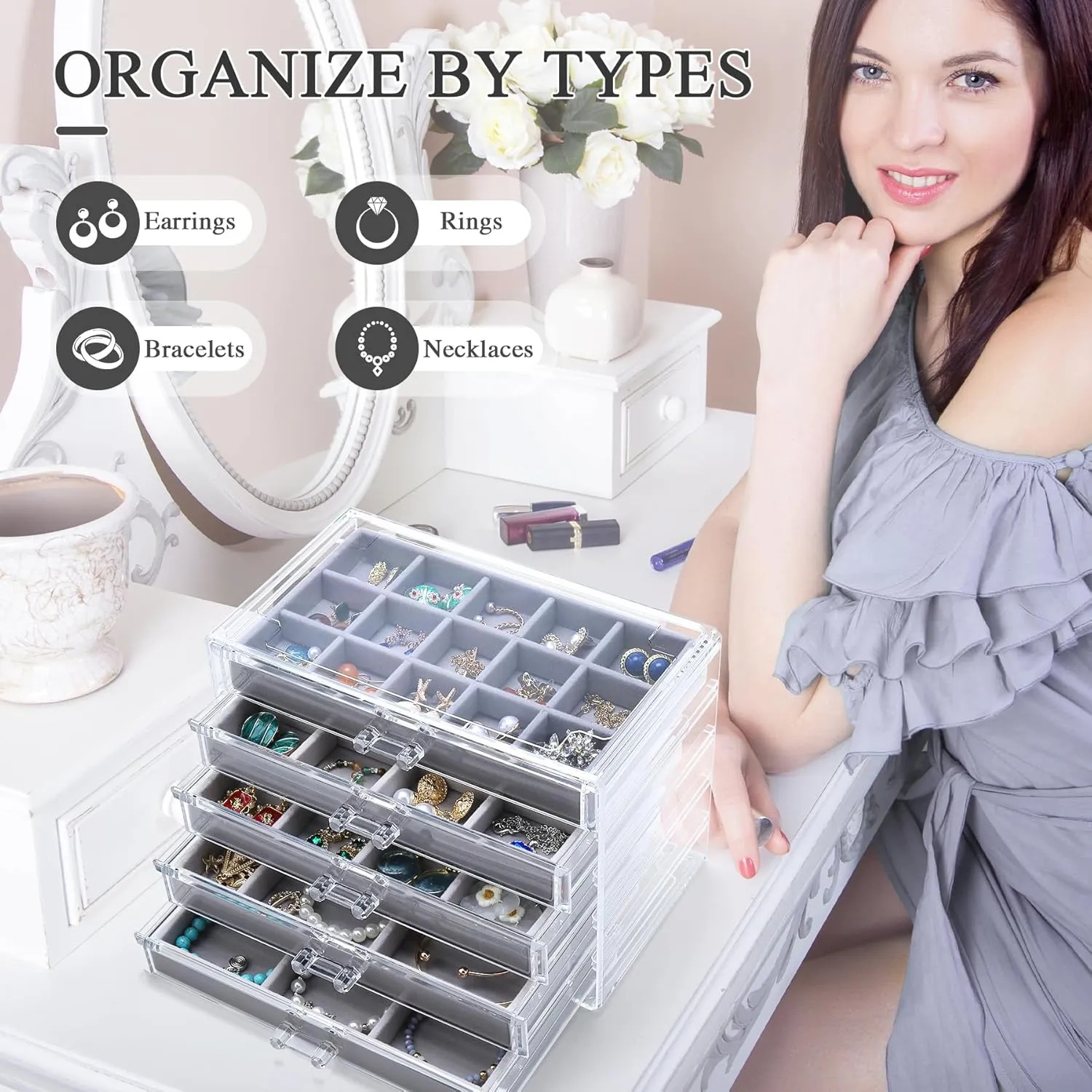 Earring Holder Organizer Box with 5 Drawers, Clear Acrylic Jewelry Organizer for Women Girls, Jewelry Storage with Stackable Jewelry Trays for Earring Ring Bracelet Necklace, Grey