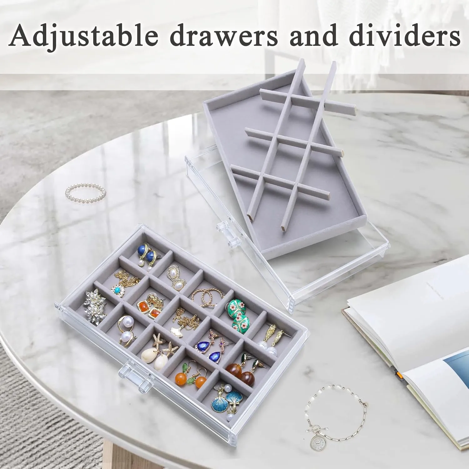Earring Holder Organizer Box with 5 Drawers, Clear Acrylic Jewelry Organizer for Women Girls, Jewelry Storage with Stackable Jewelry Trays for Earring Ring Bracelet Necklace, Grey