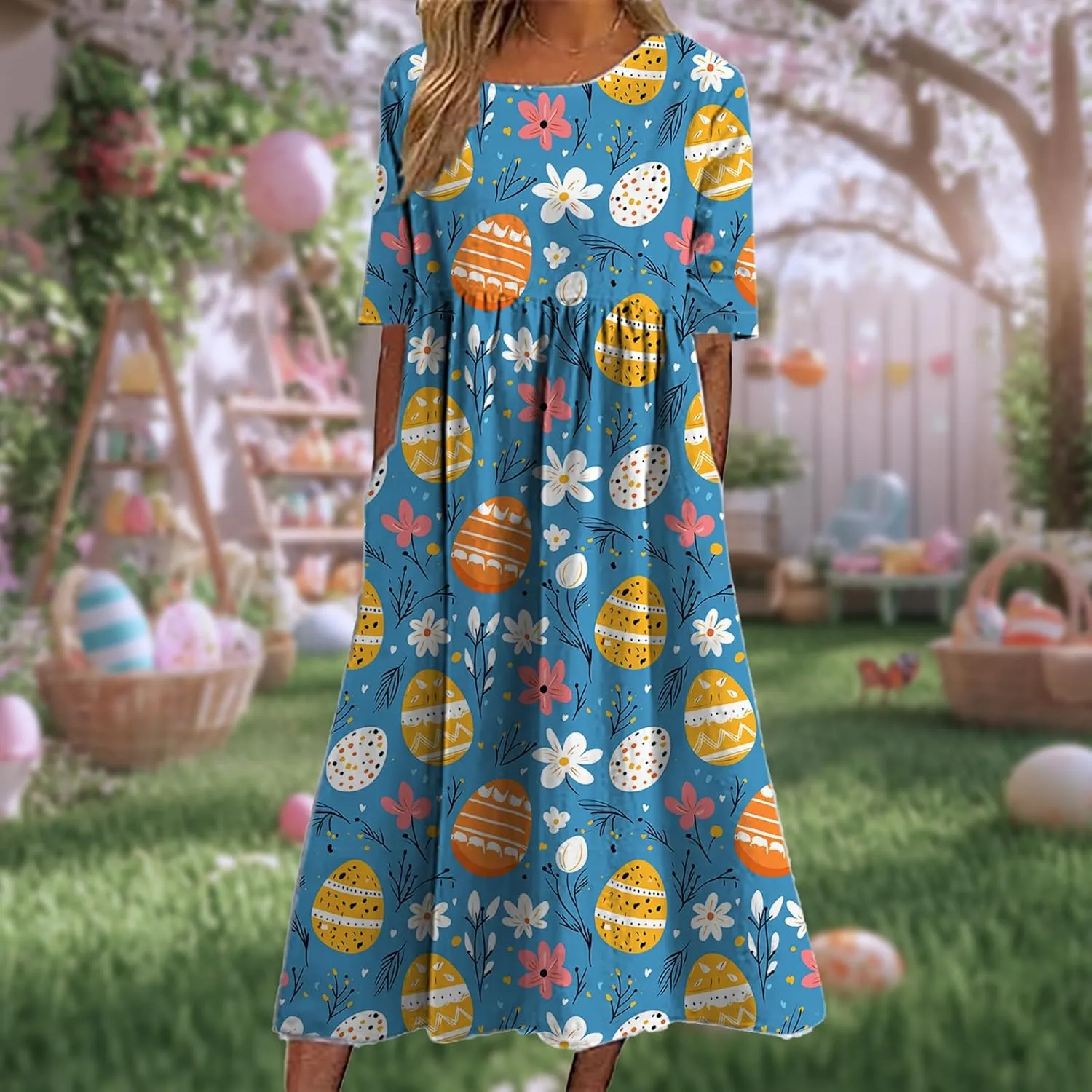 Easter Dress for Women Casual Short Sleeve Crew Neck Midi Dress Bunny Egg Print Pleated Summer Dress with Pockets