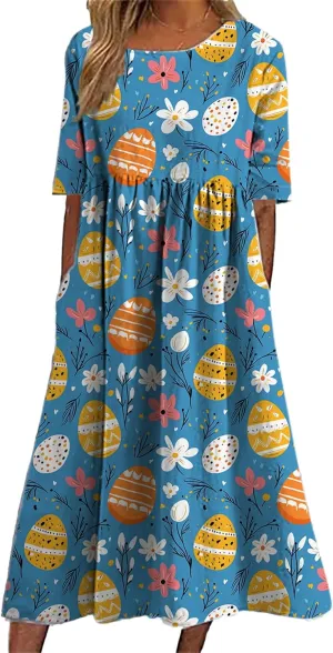 Easter Dress for Women Casual Short Sleeve Crew Neck Midi Dress Bunny Egg Print Pleated Summer Dress with Pockets