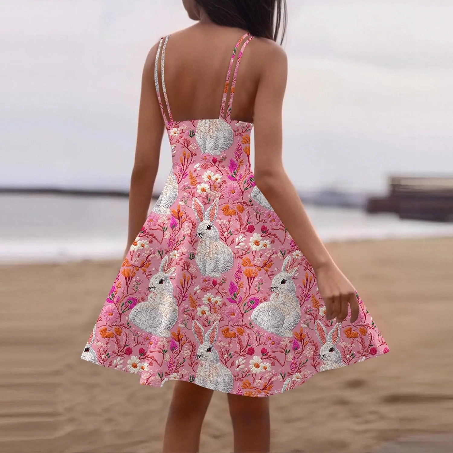 Easter Dresses for Women Vintage Spaghetti Strap Punk Aline Swing Dress Bunny Printed Knee Length Tea Party Dress