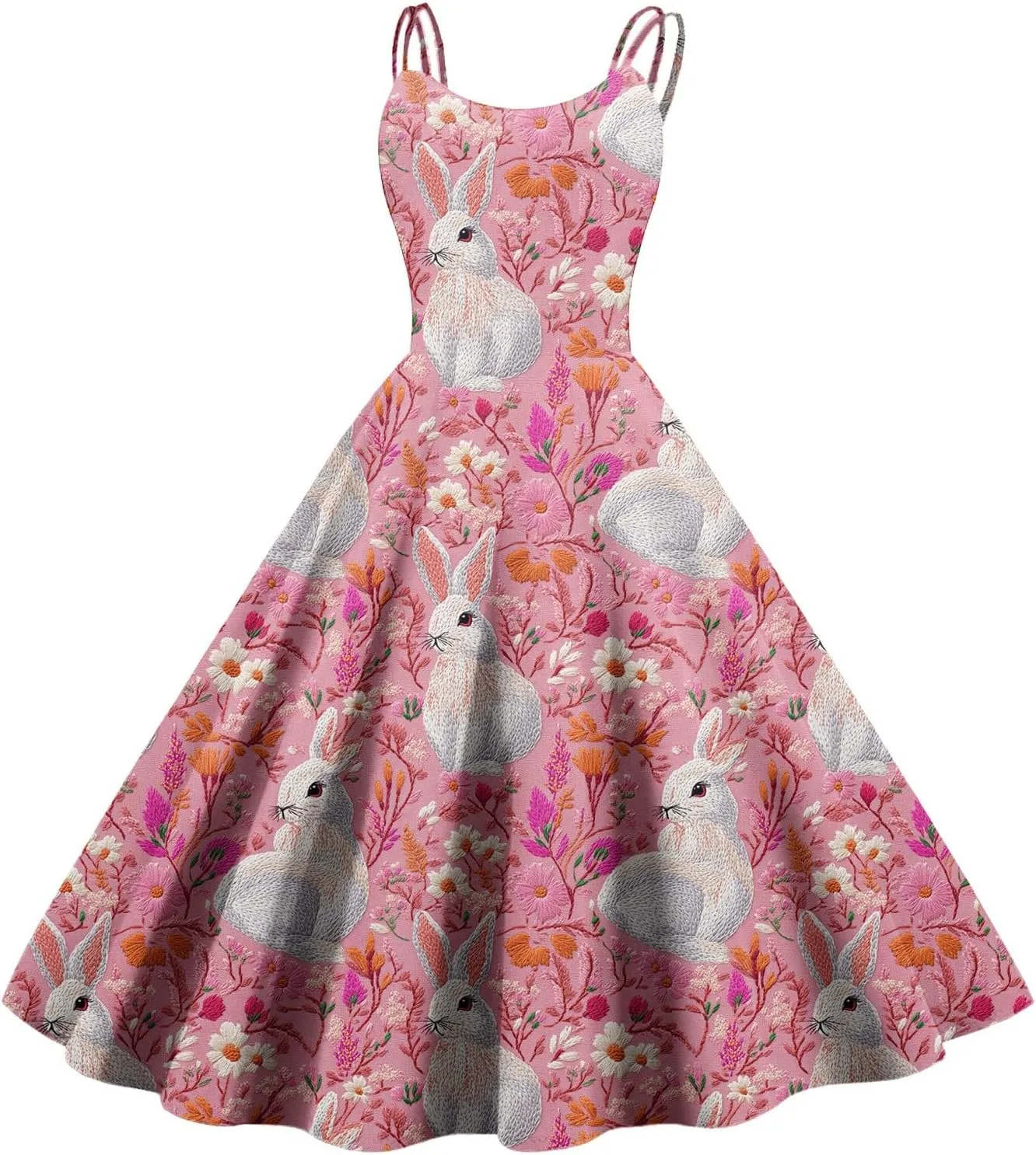 Easter Dresses for Women Vintage Spaghetti Strap Punk Aline Swing Dress Bunny Printed Knee Length Tea Party Dress