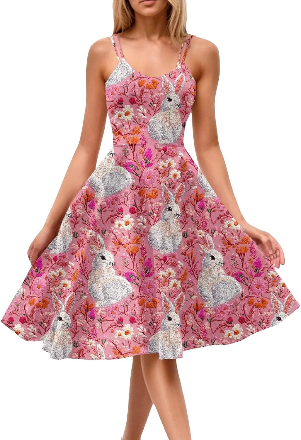 Easter Dresses for Women Vintage Spaghetti Strap Punk Aline Swing Dress Bunny Printed Knee Length Tea Party Dress