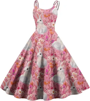 Easter Dresses for Women Vintage Spaghetti Strap Punk Aline Swing Dress Bunny Printed Knee Length Tea Party Dress