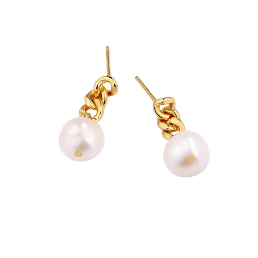 Elegance Unveiled: 925 Sterling Silver Pearl Stud Earrings with Gold-Plated Chain Drop
