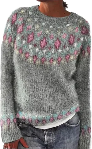 Fair Isle Sweater Women Plus Size Vintage Long Sleeve Crewneck Sweater Retro Fair Isle Knit Pullover Sweater Tops S-5XL