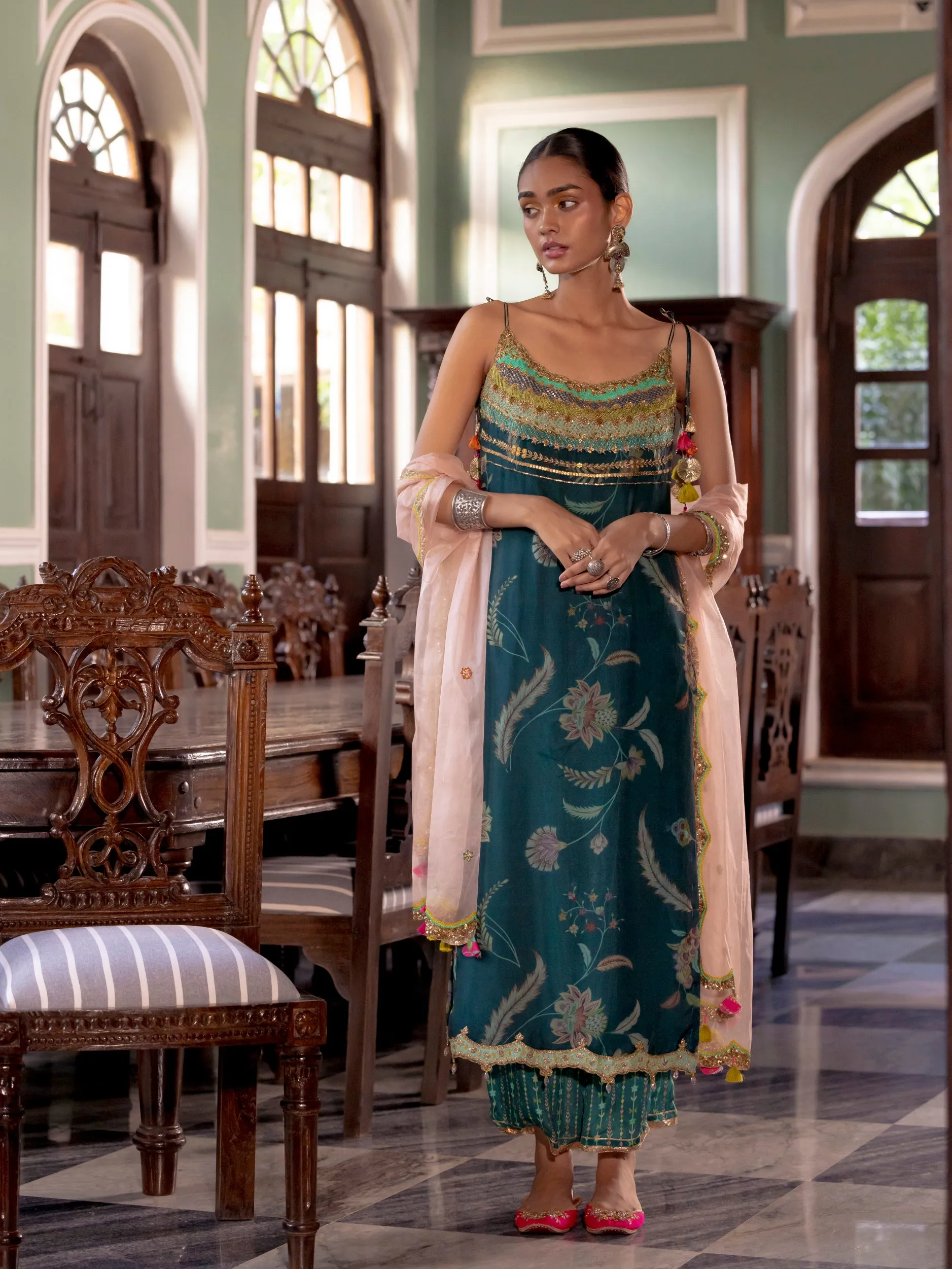 Fariba Teal Oganza Kurta Set