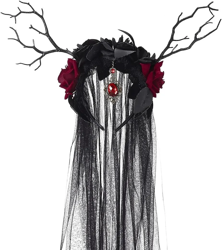 Fashey Halloween Headband Day Of The Dead Headbands Black Roses Veil Hairband Festival Cosplay Costume Halloween Hair Accessories Women and Girls(1 PCS)