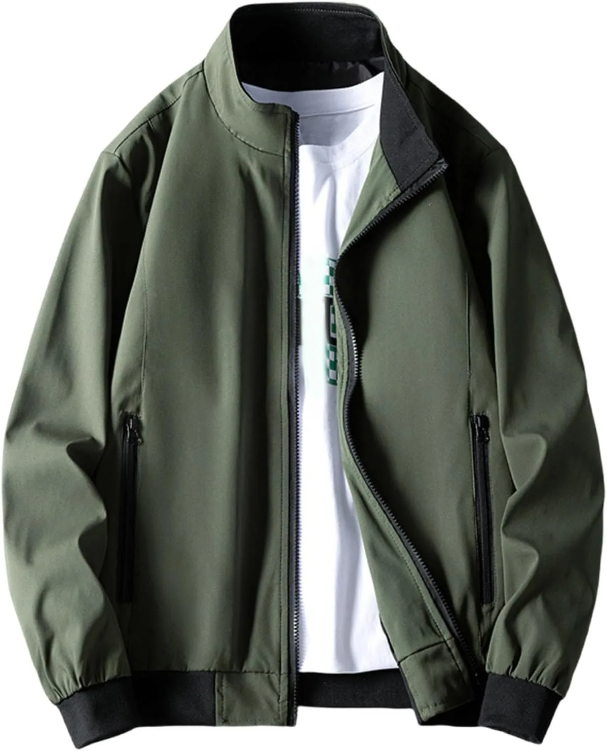 Finelylove Jacket Coat for Men Lightweight Long Sleeve Stand Collar Bomber Jacket Active Outdoor Windbreaker with Pocket