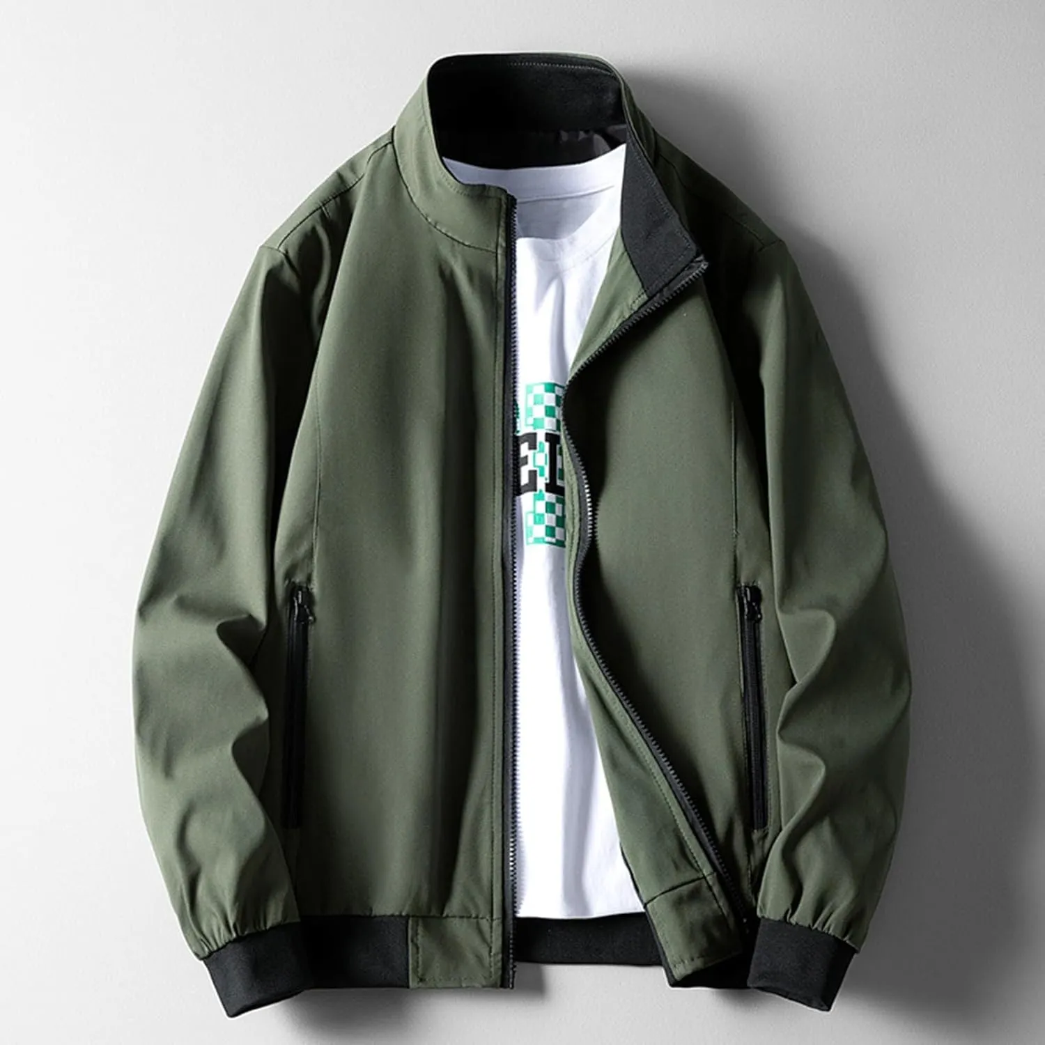 Finelylove Jacket Coat for Men Lightweight Long Sleeve Stand Collar Bomber Jacket Active Outdoor Windbreaker with Pocket