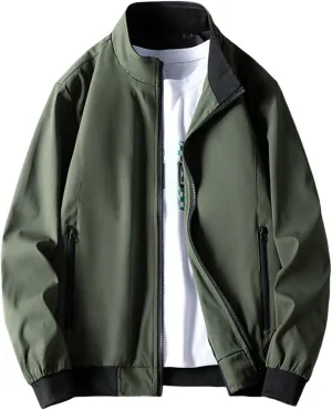 Finelylove Jacket Coat for Men Lightweight Long Sleeve Stand Collar Bomber Jacket Active Outdoor Windbreaker with Pocket