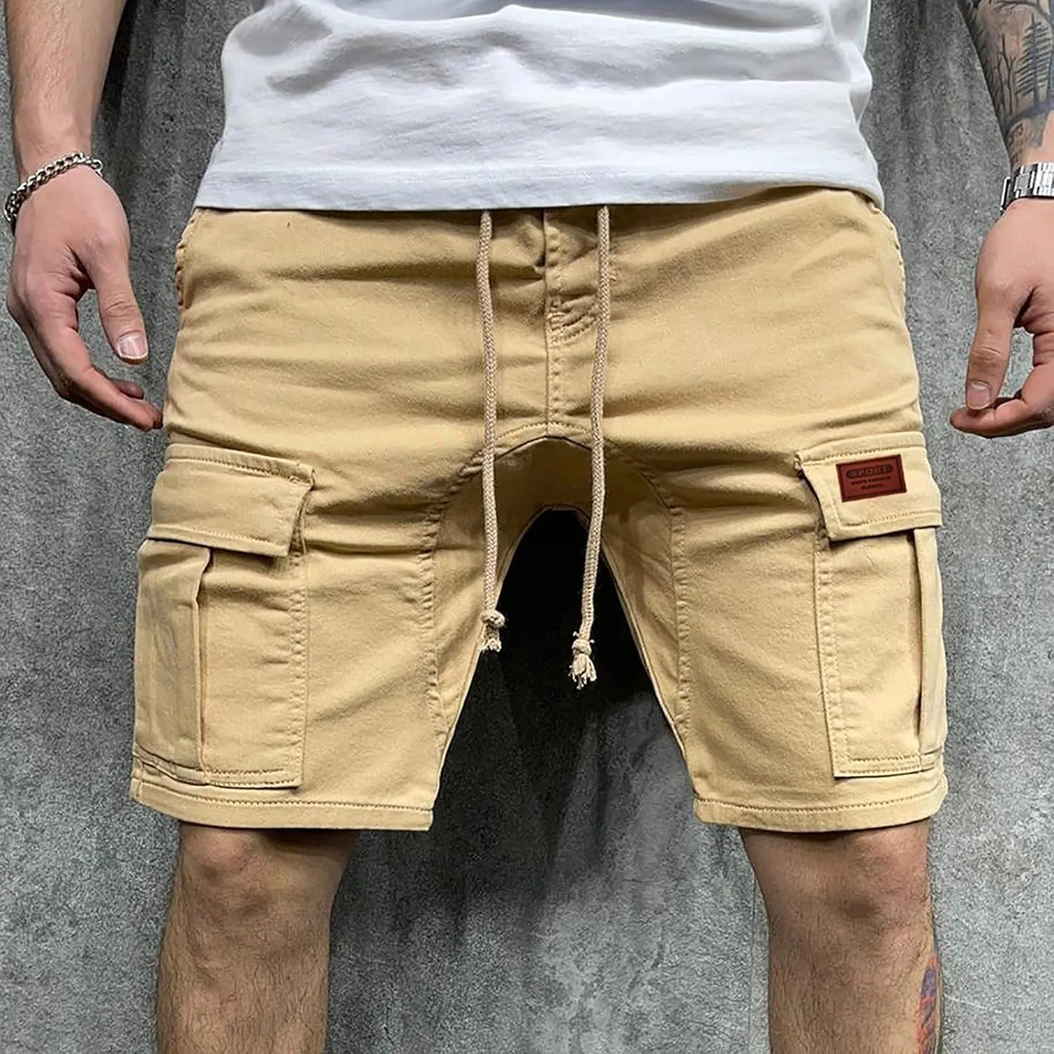 Finelylove Mens Shorts Casual Elastic Waist Drawstring Cargo Shorts Summer Lightweight Workout Jogger Pants with Pockets