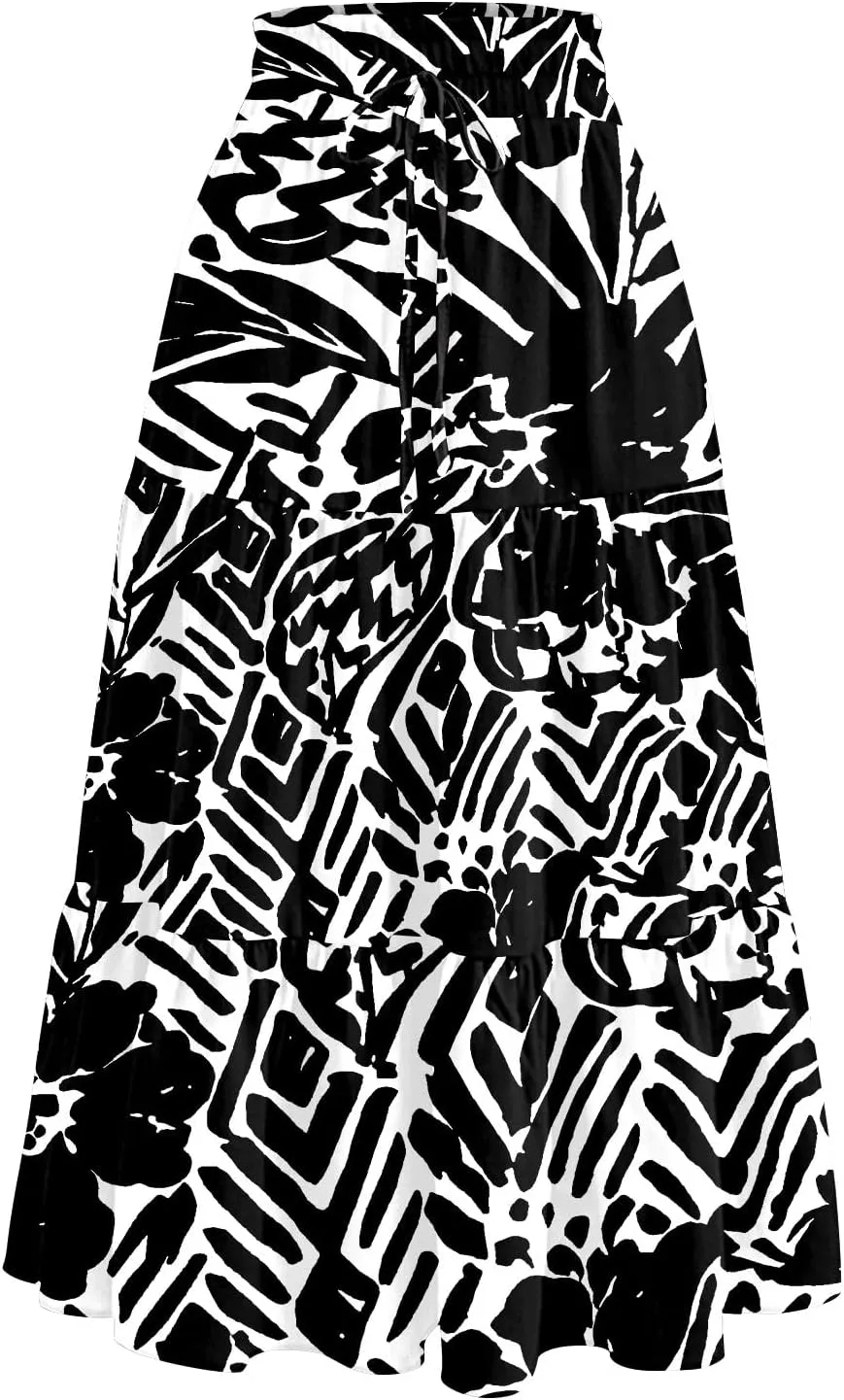 Floral Midi Skirts for Women Summer Boho Smocked High Waisted Skirt Vacation A-Line Long Flowy Skirts with Pockets