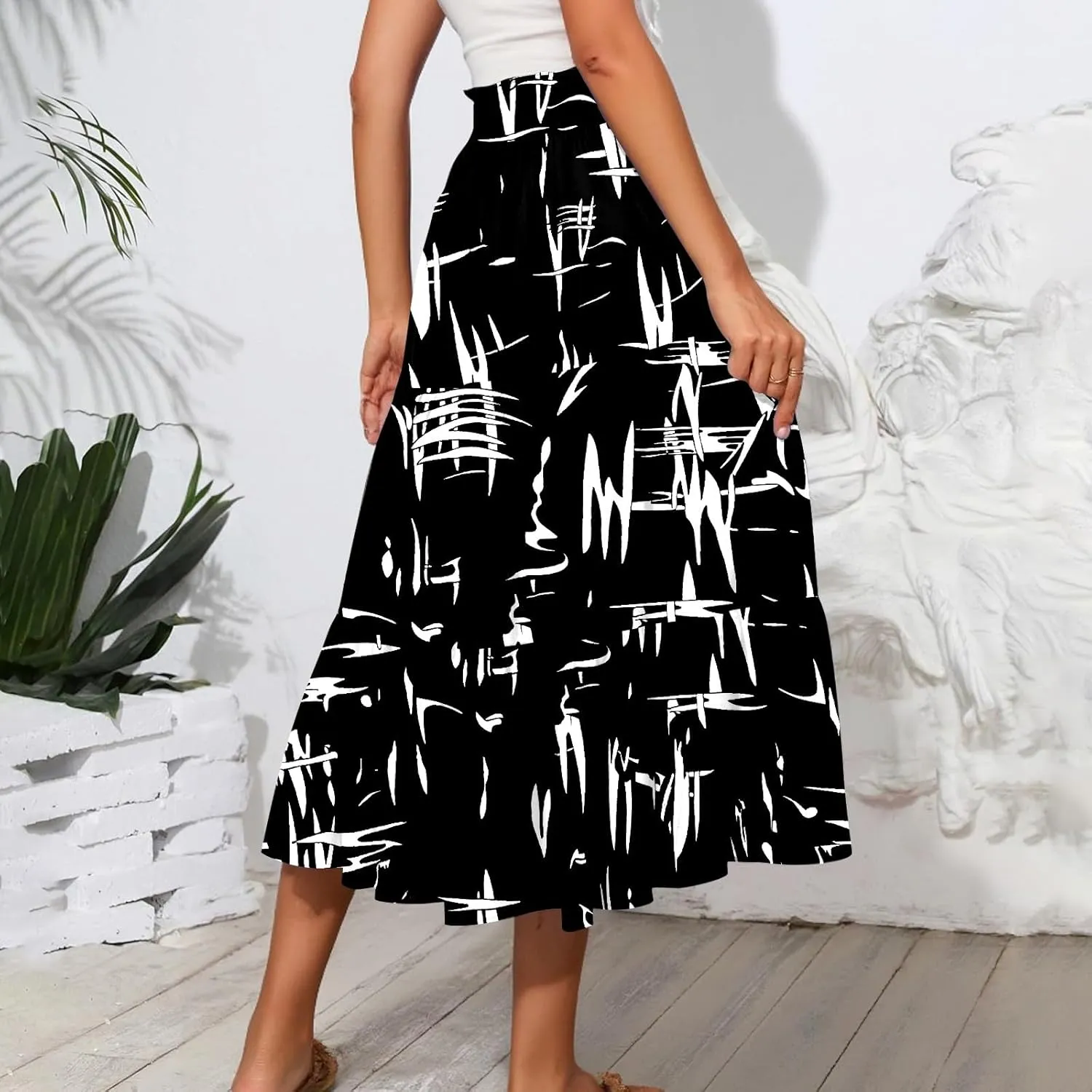 Floral Midi Skirts for Women Summer Boho Smocked High Waisted Skirt Vacation A-Line Long Flowy Skirts with Pockets