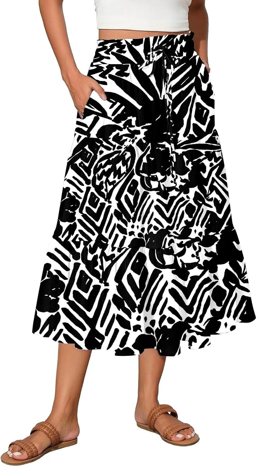 Floral Midi Skirts for Women Summer Boho Smocked High Waisted Skirt Vacation A-Line Long Flowy Skirts with Pockets