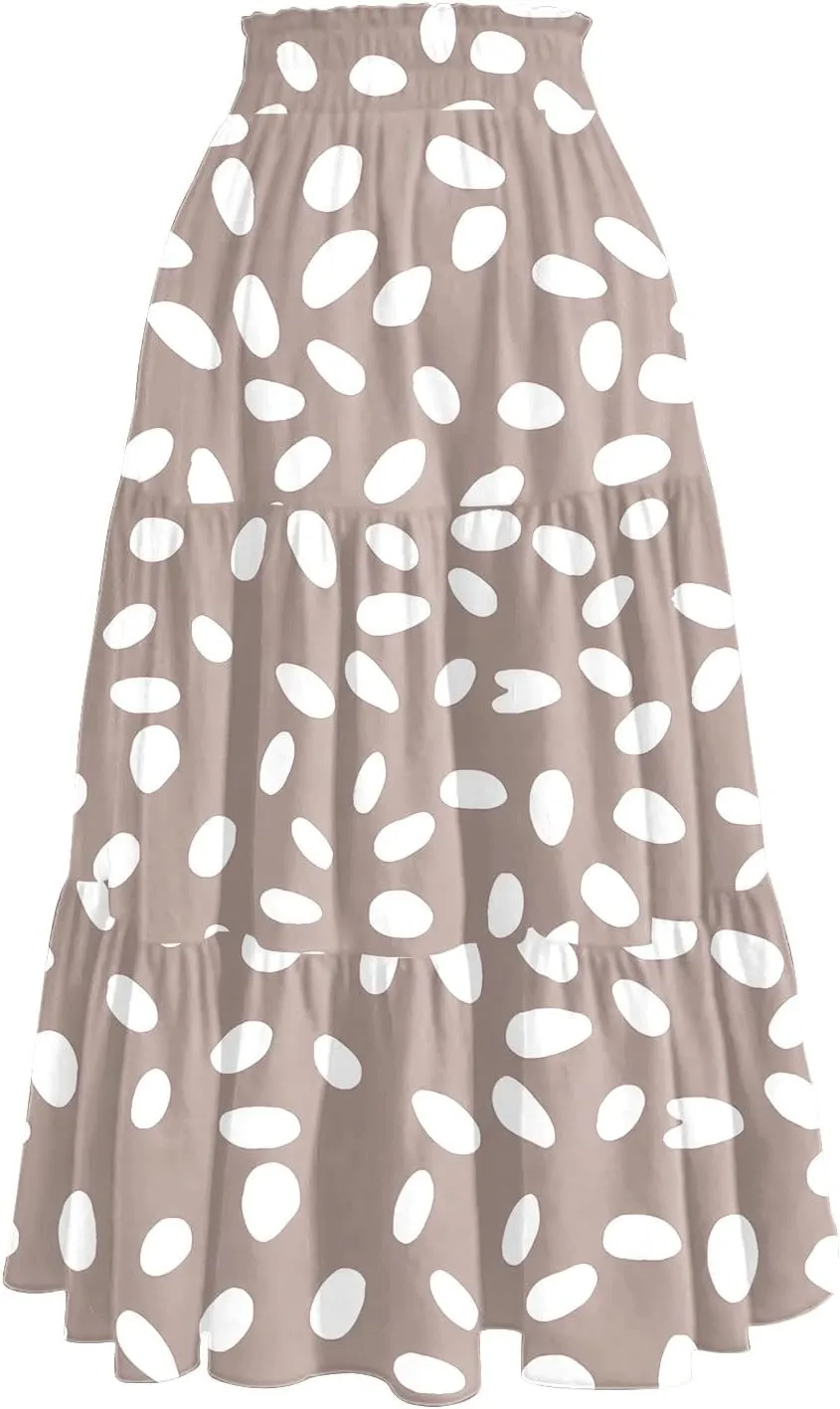 Floral Midi Skirts for Women Summer Boho Smocked High Waisted Skirt Vacation A-Line Long Flowy Skirts with Pockets