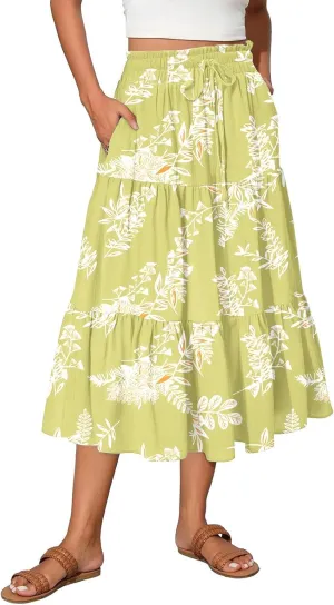 Floral Midi Skirts for Women Summer Boho Smocked High Waisted Skirt Vacation A-Line Long Flowy Skirts with Pockets