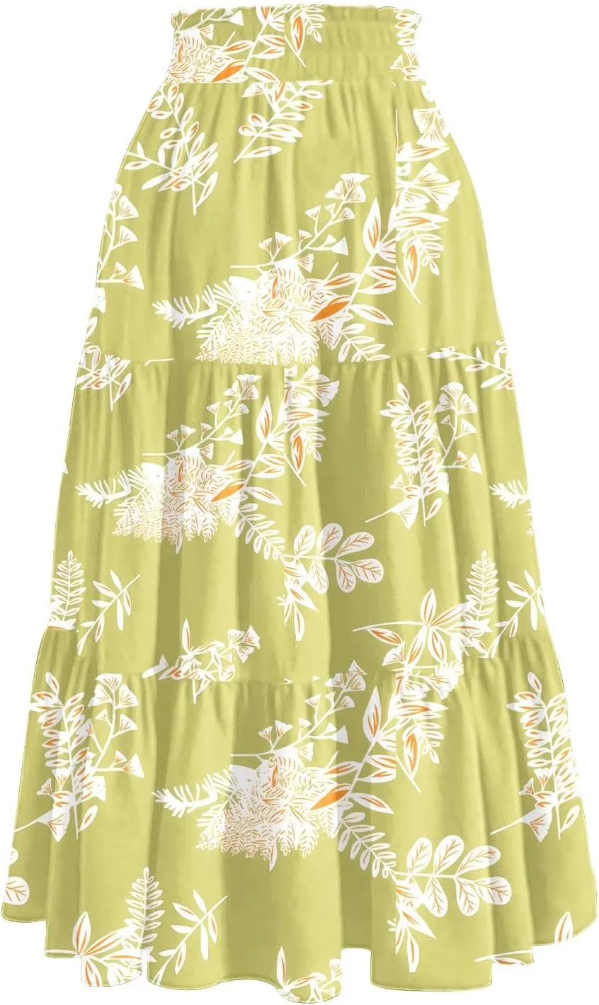 Floral Midi Skirts for Women Summer Boho Smocked High Waisted Skirt Vacation A-Line Long Flowy Skirts with Pockets