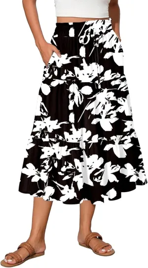 Floral Midi Skirts for Women Summer Boho Smocked High Waisted Skirt Vacation A-Line Long Flowy Skirts with Pockets