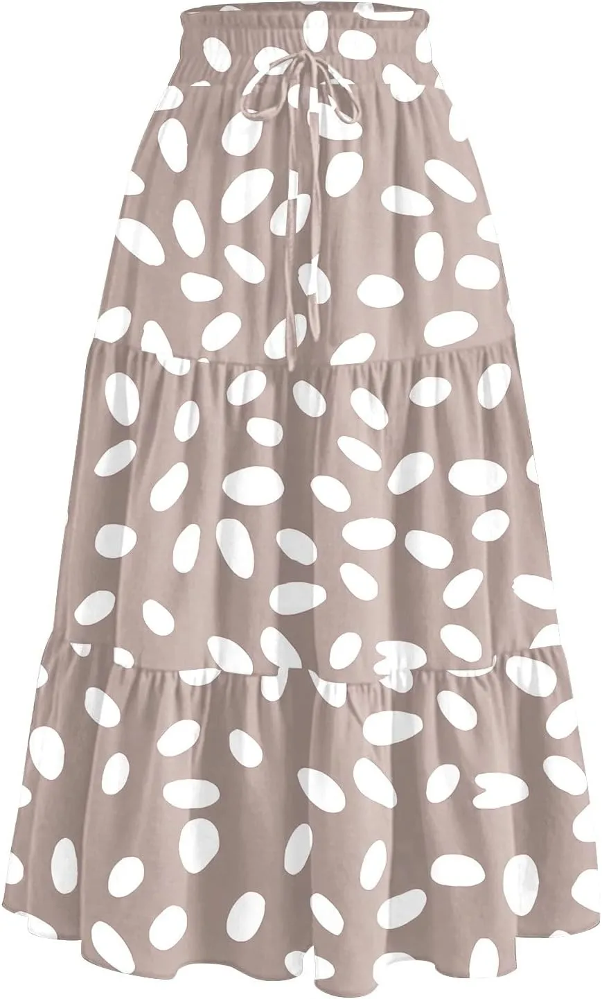 Floral Midi Skirts for Women Summer Boho Smocked High Waisted Skirt Vacation A-Line Long Flowy Skirts with Pockets