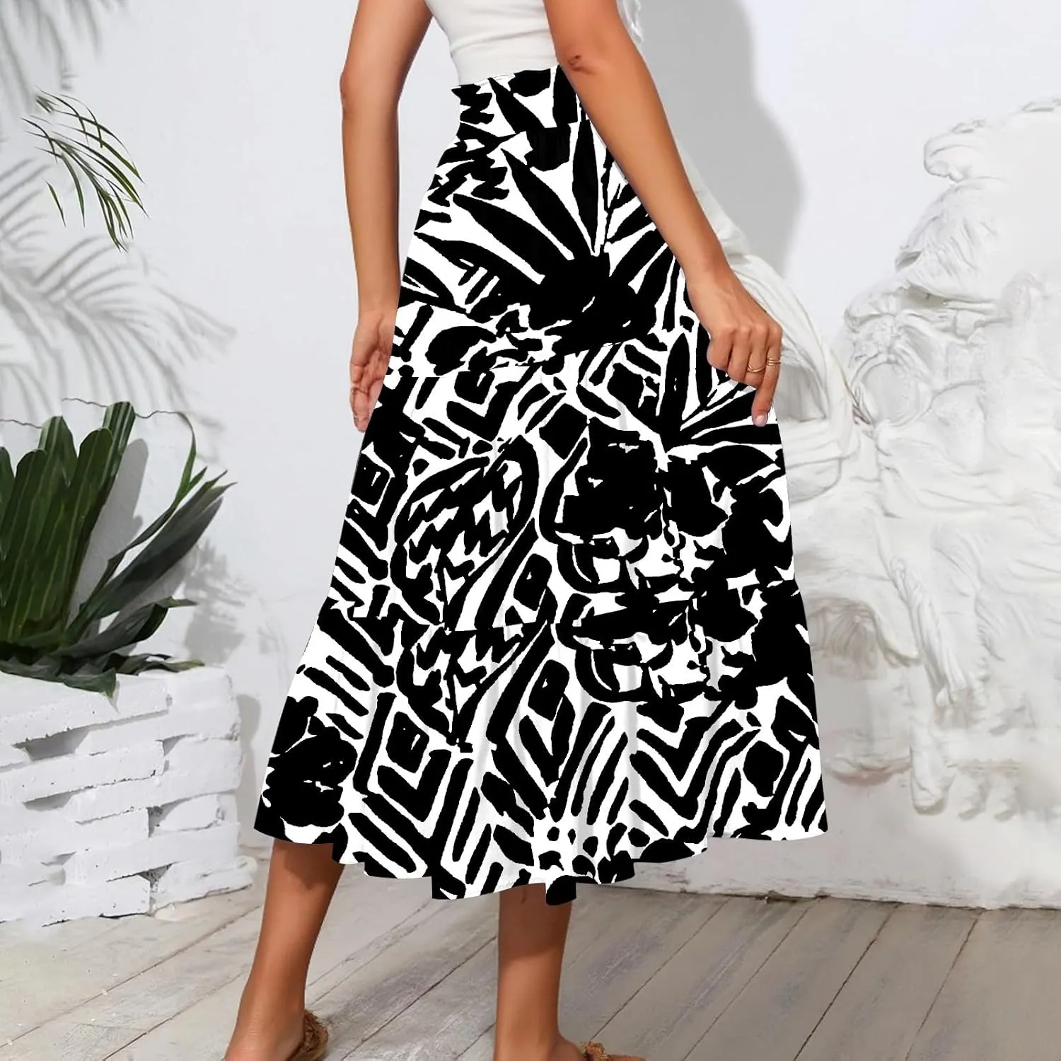 Floral Midi Skirts for Women Summer Boho Smocked High Waisted Skirt Vacation A-Line Long Flowy Skirts with Pockets