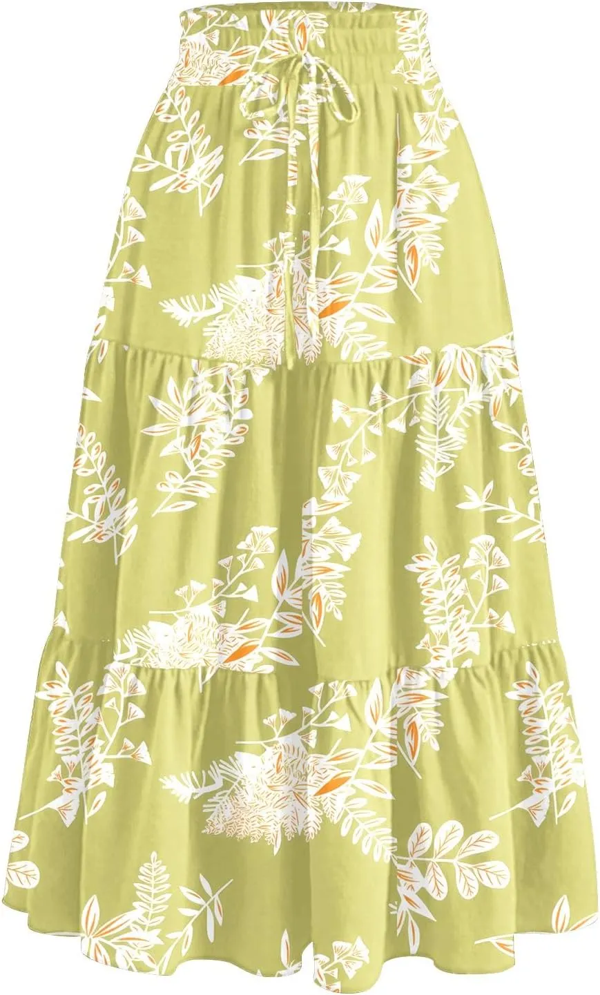 Floral Midi Skirts for Women Summer Boho Smocked High Waisted Skirt Vacation A-Line Long Flowy Skirts with Pockets