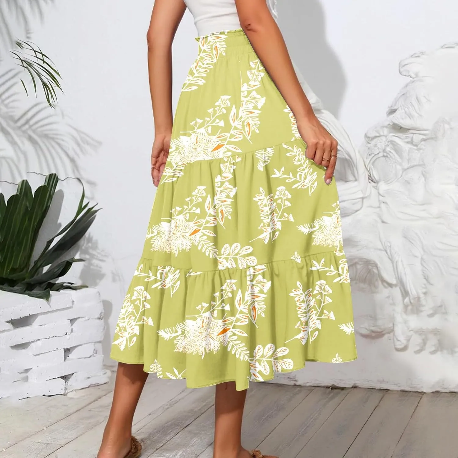Floral Midi Skirts for Women Summer Boho Smocked High Waisted Skirt Vacation A-Line Long Flowy Skirts with Pockets