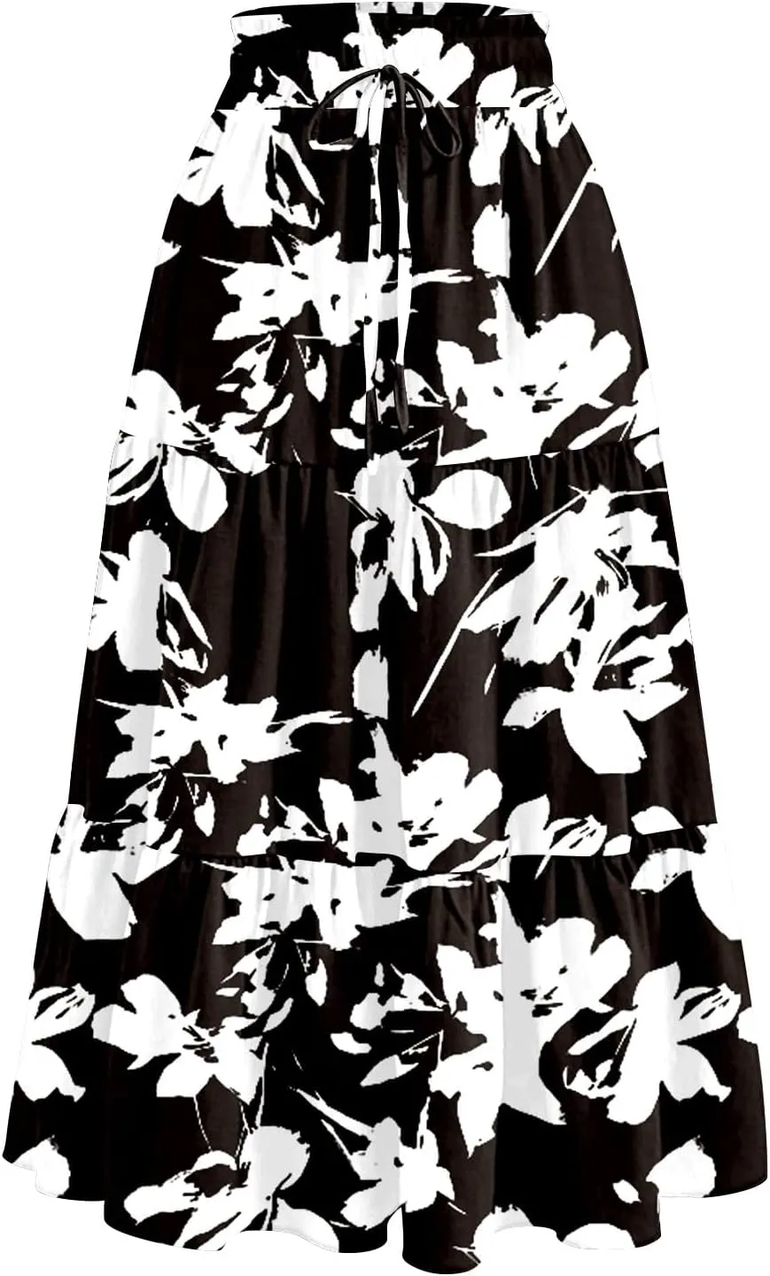 Floral Midi Skirts for Women Summer Boho Smocked High Waisted Skirt Vacation A-Line Long Flowy Skirts with Pockets