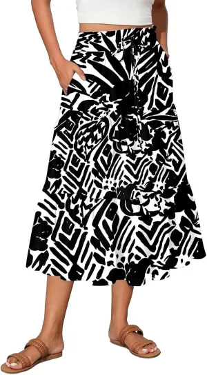 Floral Midi Skirts for Women Summer Boho Smocked High Waisted Skirt Vacation A-Line Long Flowy Skirts with Pockets