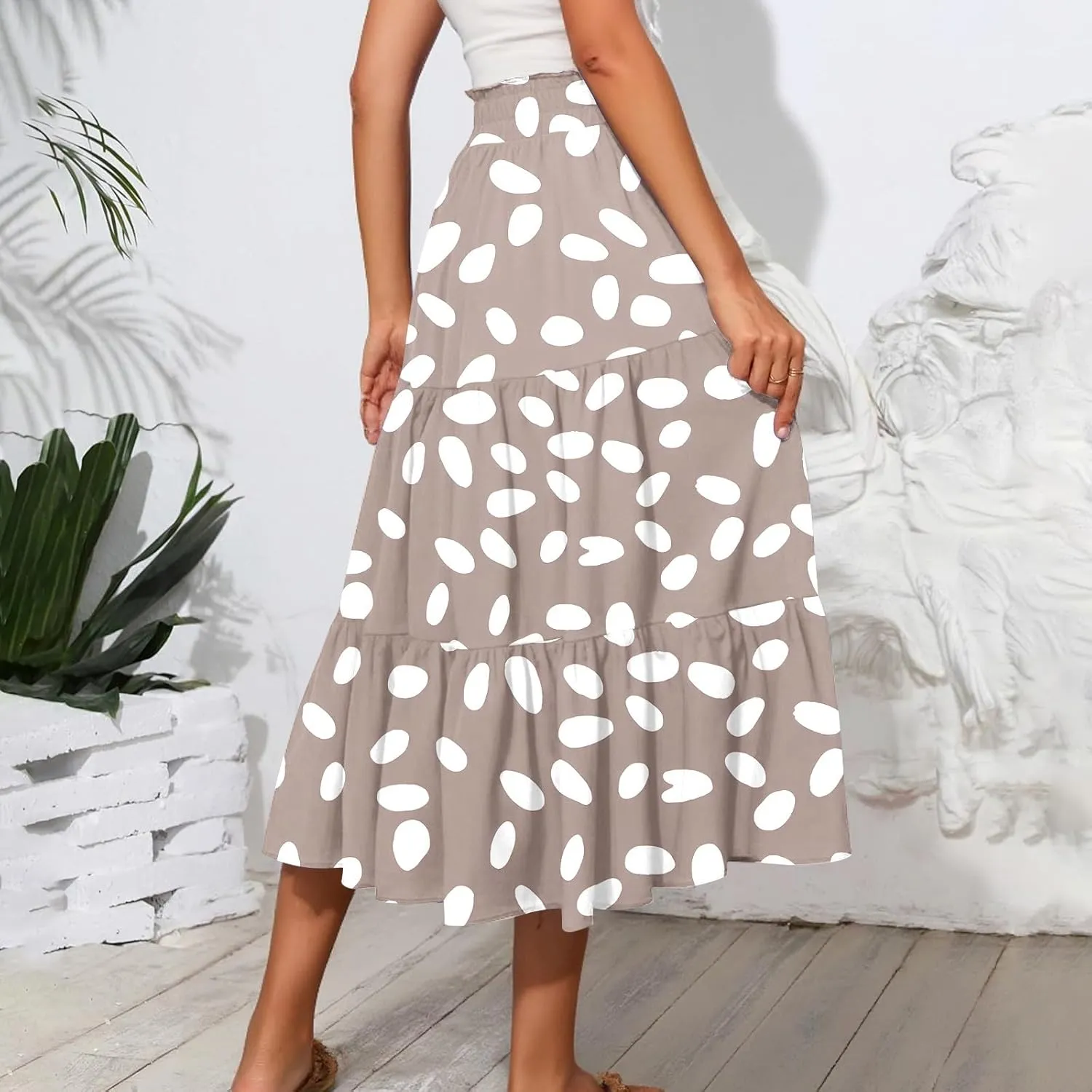Floral Midi Skirts for Women Summer Boho Smocked High Waisted Skirt Vacation A-Line Long Flowy Skirts with Pockets