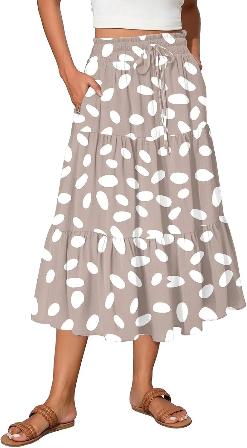 Floral Midi Skirts for Women Summer Boho Smocked High Waisted Skirt Vacation A-Line Long Flowy Skirts with Pockets