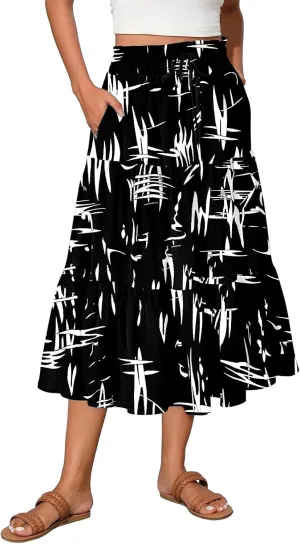 Floral Midi Skirts for Women Summer Boho Smocked High Waisted Skirt Vacation A-Line Long Flowy Skirts with Pockets