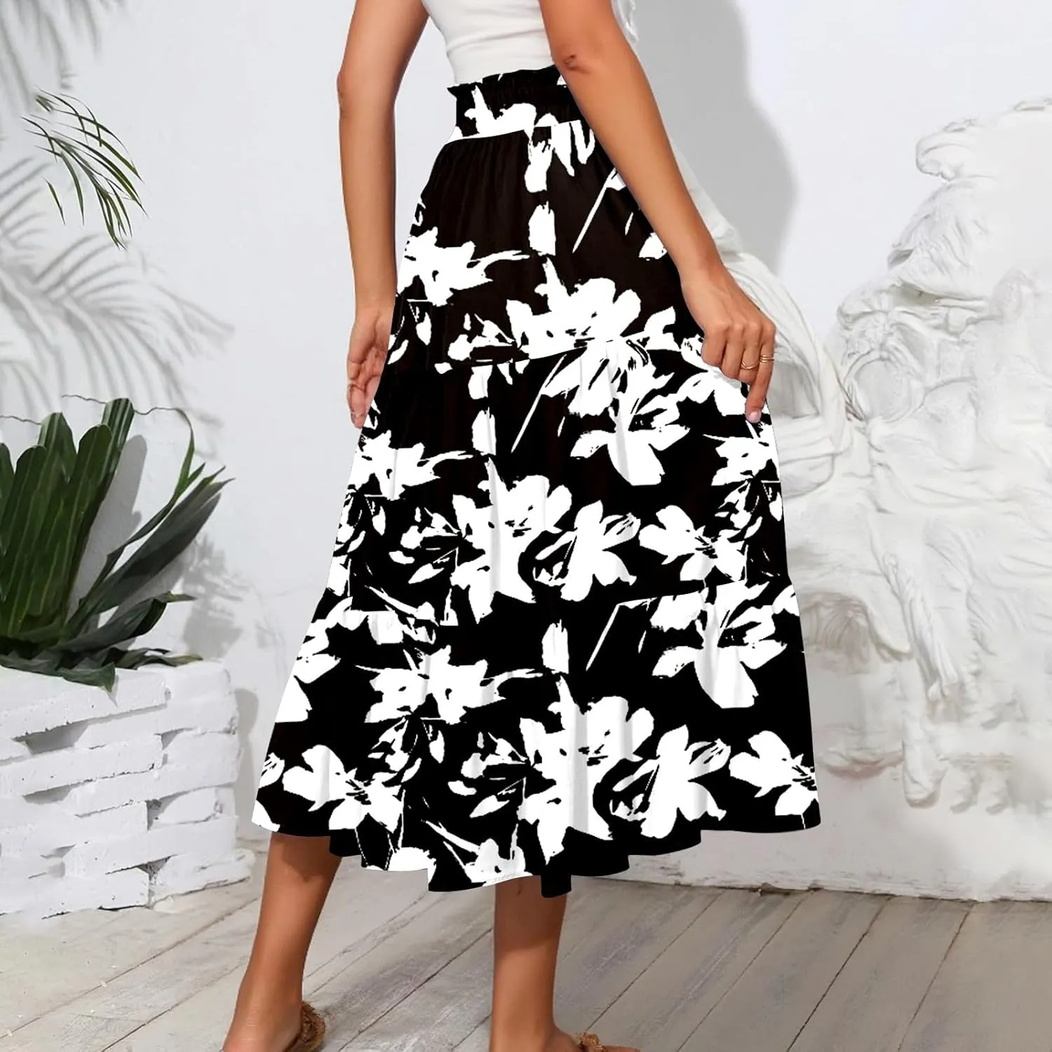 Floral Midi Skirts for Women Summer Boho Smocked High Waisted Skirt Vacation A-Line Long Flowy Skirts with Pockets