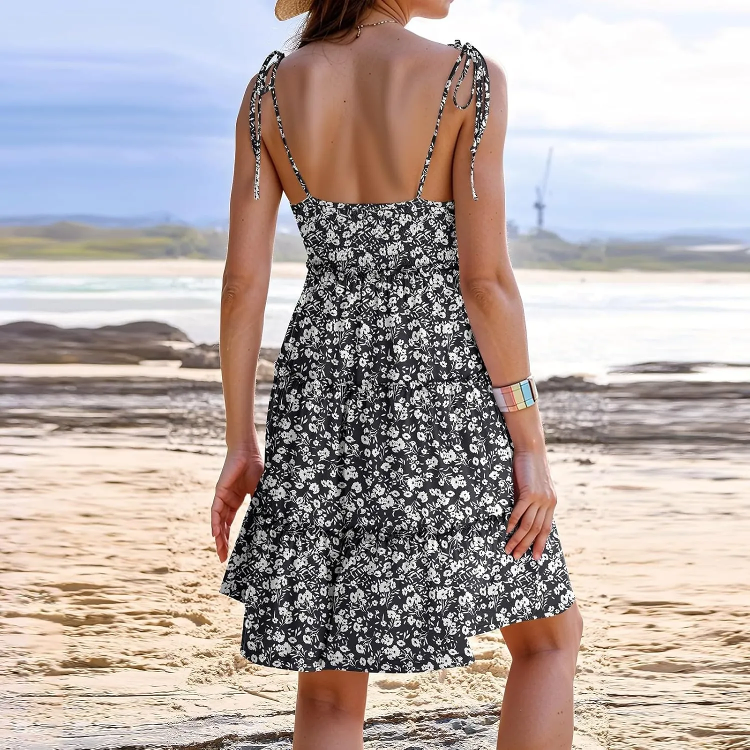 Floral Mini Dresses for Women Spaghetti Strap Tiered Ruffle Flowy Sundress Summer Vacation A Line Short Skater Dress