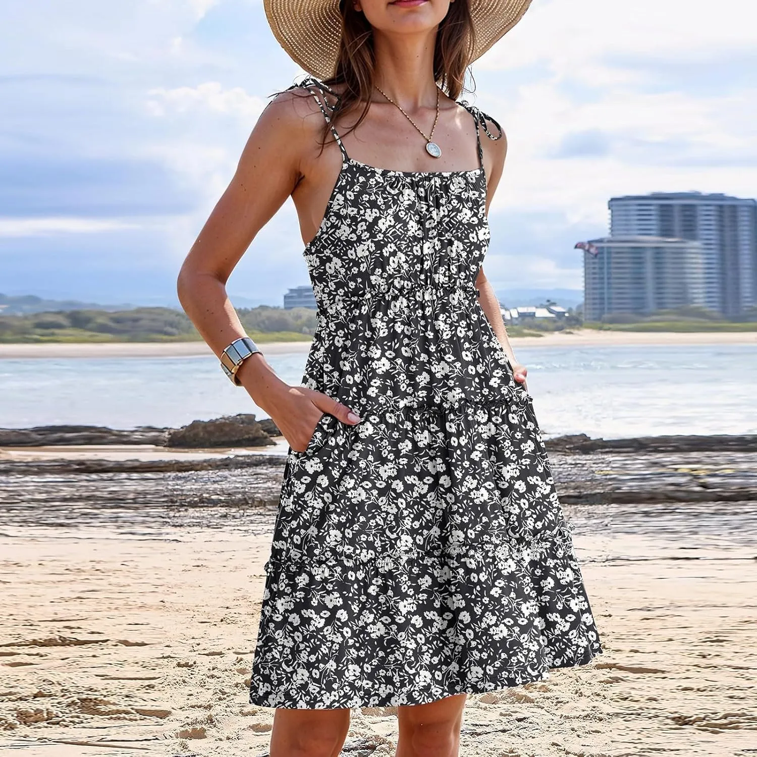 Floral Mini Dresses for Women Spaghetti Strap Tiered Ruffle Flowy Sundress Summer Vacation A Line Short Skater Dress