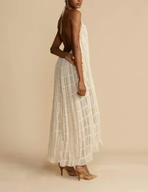 Flowy Boho Beach Dress for Women Halter Backless Smocked Vacation Long Dress Sexy Off Shoulder Resort Maxi Sundress