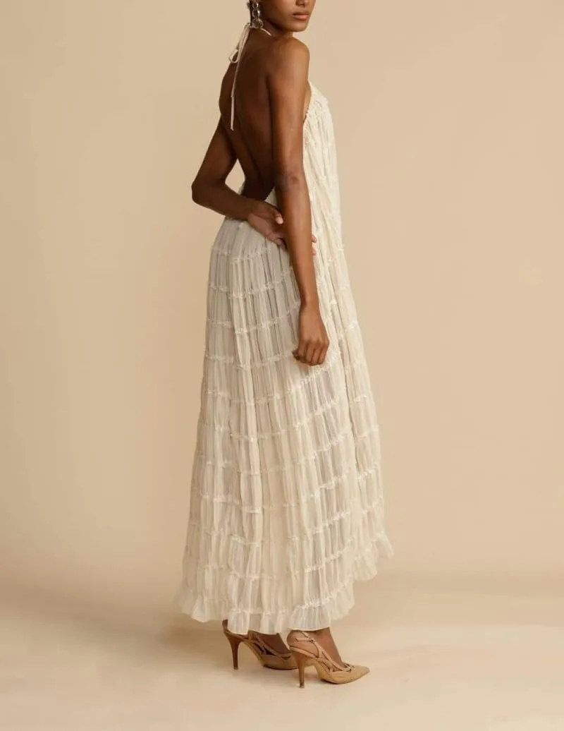 Flowy Boho Beach Dress for Women Halter Backless Smocked Vacation Long Dress Sexy Off Shoulder Resort Maxi Sundress