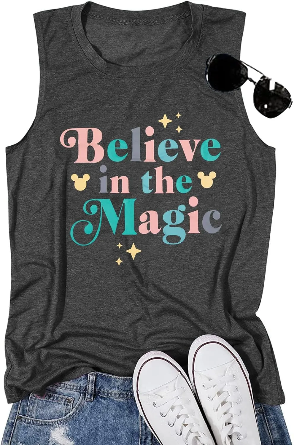 FRYAID Magic Tank Tops Magical Castle Shirt Women Believe in Magic Graphic Tanks Vest Summer Sleeveless Family Vacation Tops
