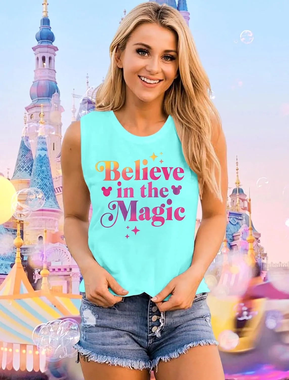 FRYAID Magic Tank Tops Magical Castle Shirt Women Believe in Magic Graphic Tanks Vest Summer Sleeveless Family Vacation Tops