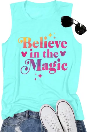FRYAID Magic Tank Tops Magical Castle Shirt Women Believe in Magic Graphic Tanks Vest Summer Sleeveless Family Vacation Tops