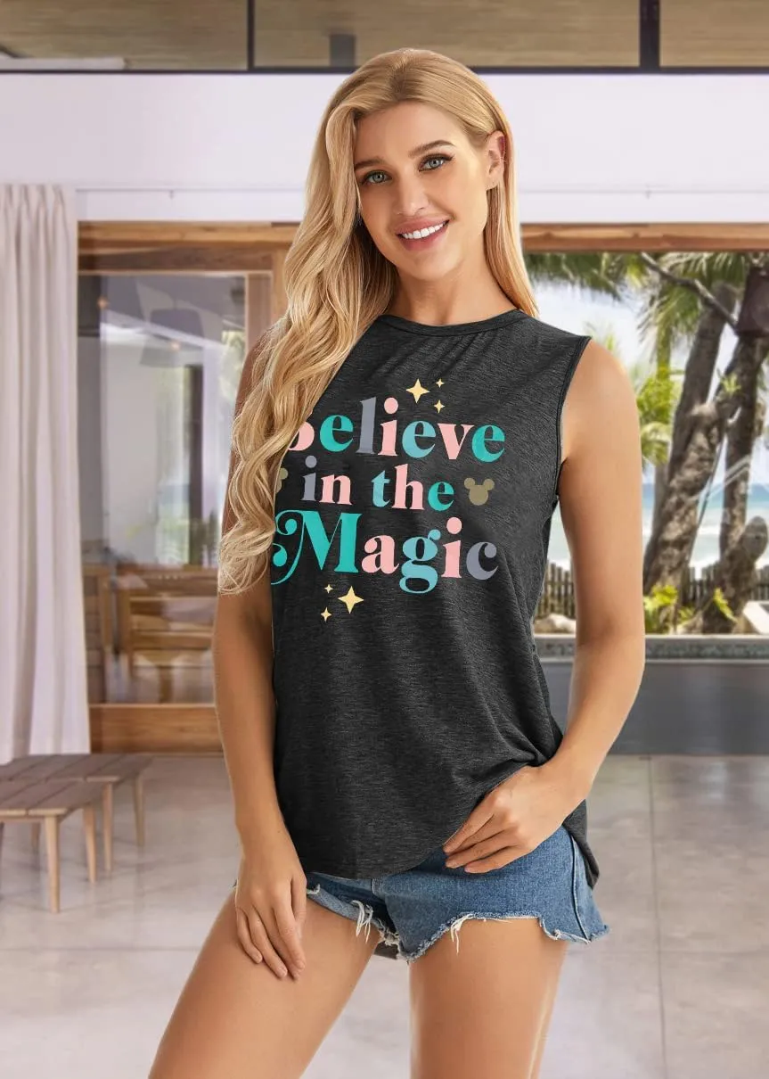 FRYAID Magic Tank Tops Magical Castle Shirt Women Believe in Magic Graphic Tanks Vest Summer Sleeveless Family Vacation Tops