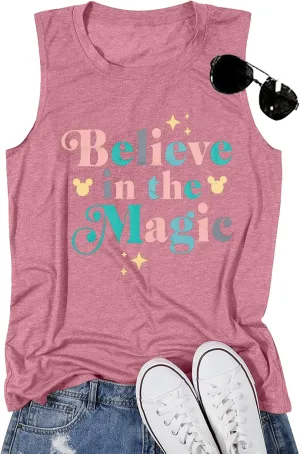 FRYAID Magic Tank Tops Magical Castle Shirt Women Believe in Magic Graphic Tanks Vest Summer Sleeveless Family Vacation Tops